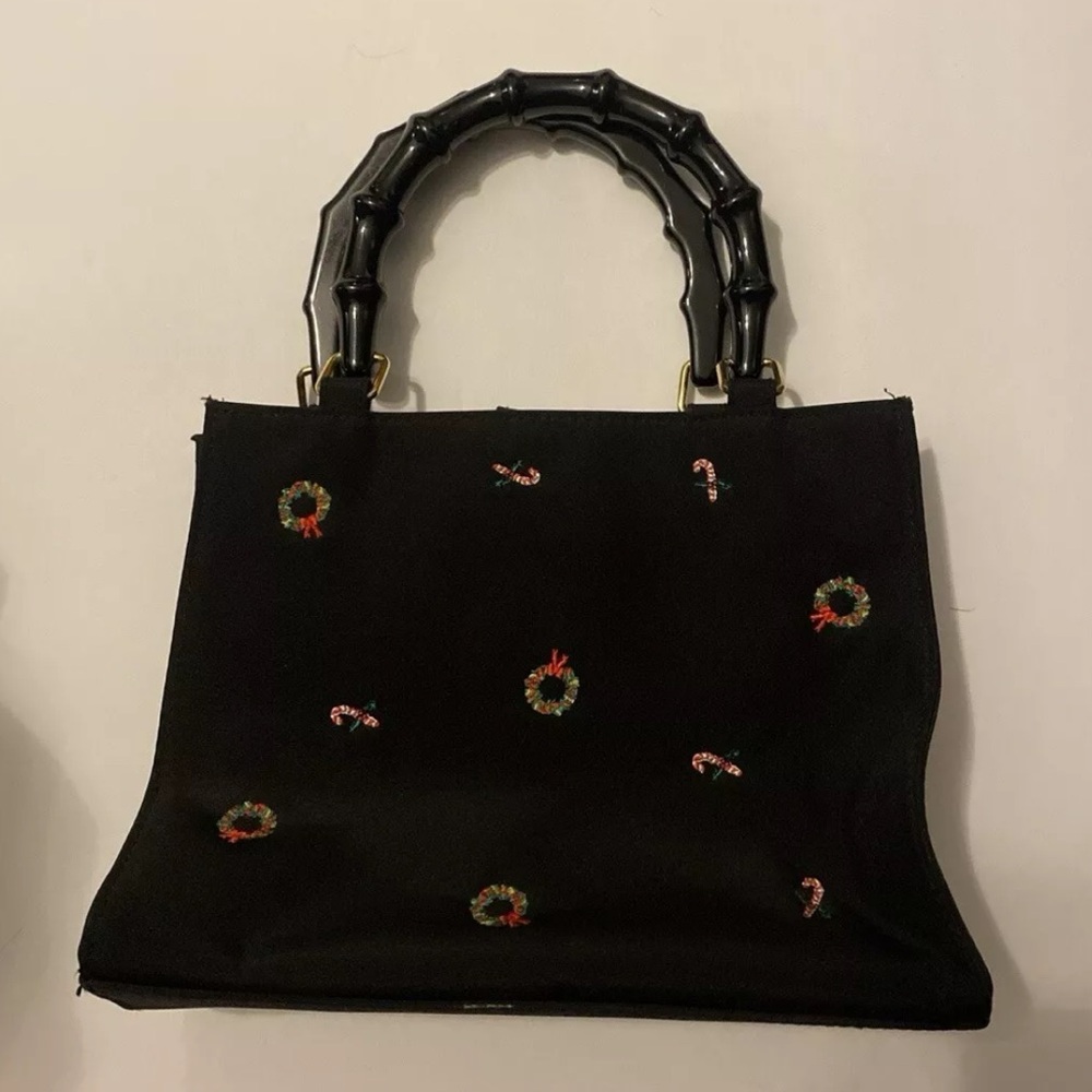 Super Cute 90s Tiannl Vintage Christmas Candy Cane Embroidered Black Mini Purse